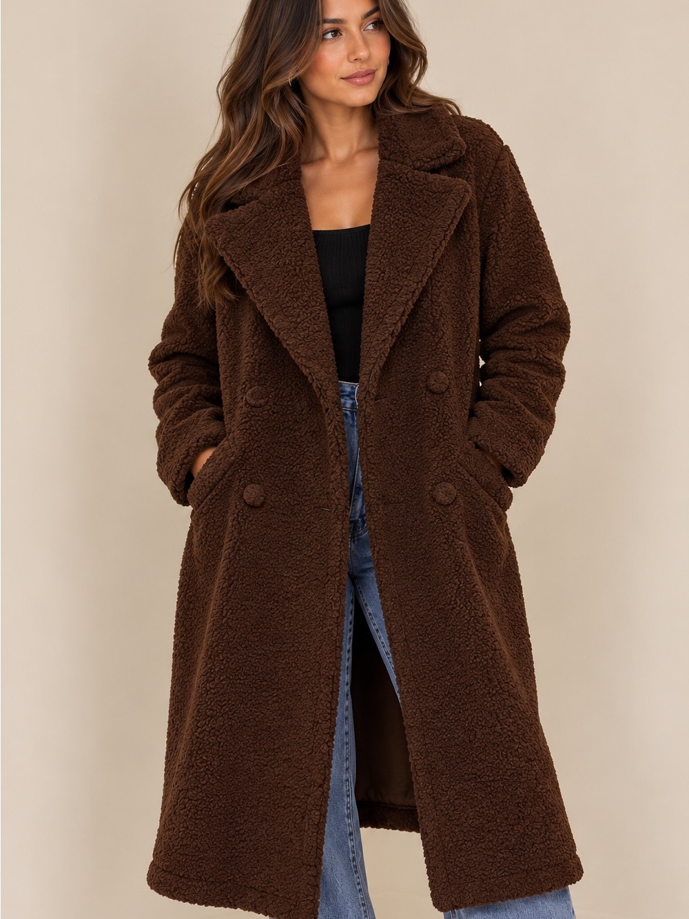 Avec Les Filles Chocolate Brown Teddy Double-Breasted Coat